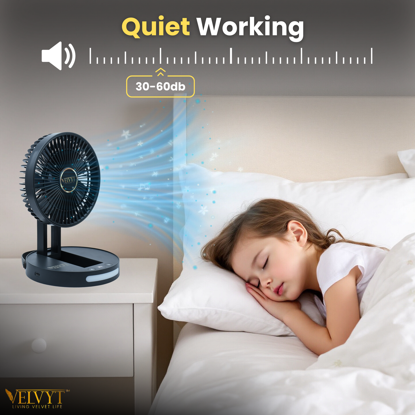 VELVYT BreezoWrap 6.3 Inch Portable Rechargeable Desk Fan | Compact Foldable Fits In Any Bag | 4+1 Speed Control | LED Power Display & Night Light |BLDC Silent Fan |Mini Fan for Home & Travel
