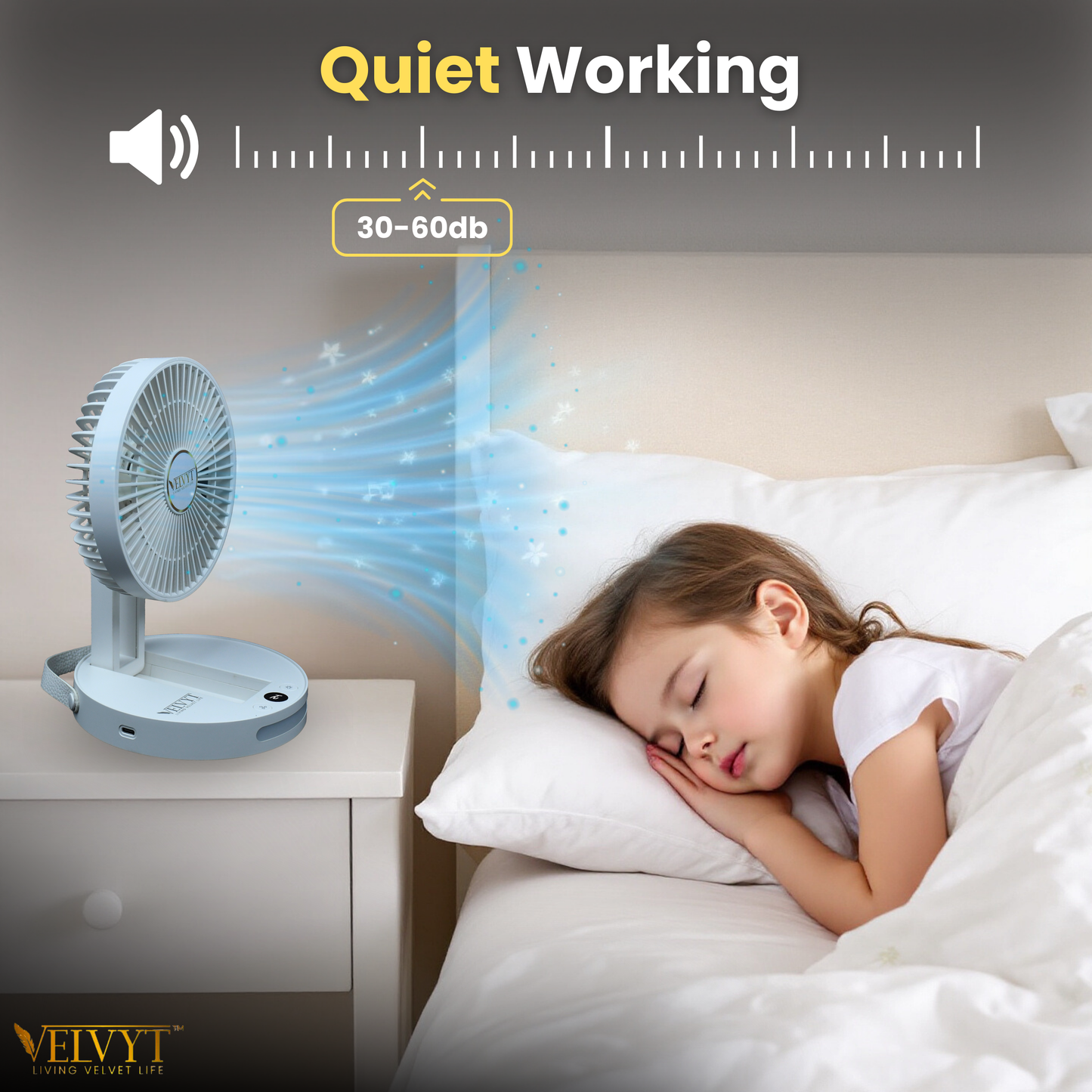 VELVYT BreezoWrap 6.3 Inch Portable Rechargeable Desk Fan | Compact Foldable Fits In Any Bag | 4+1 Speed Control | LED Power Display & Night Light |BLDC Silent Fan |Mini Fan for Home & Travel