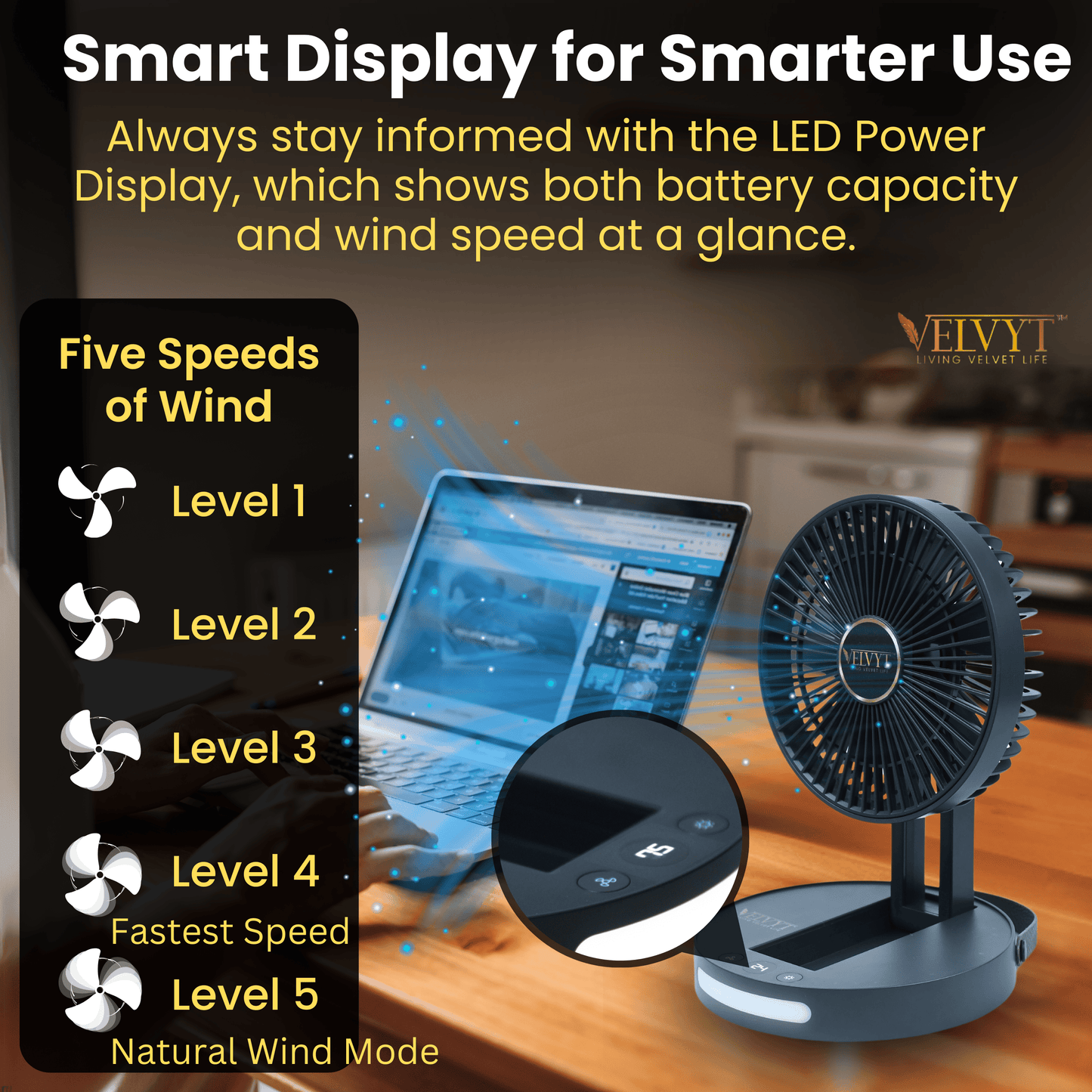 VELVYT BreezoWrap 6.3 Inch Portable Rechargeable Desk Fan | Compact Foldable Fits In Any Bag | 4+1 Speed Control | LED Power Display & Night Light |BLDC Silent Fan |Mini Fan for Home & Travel