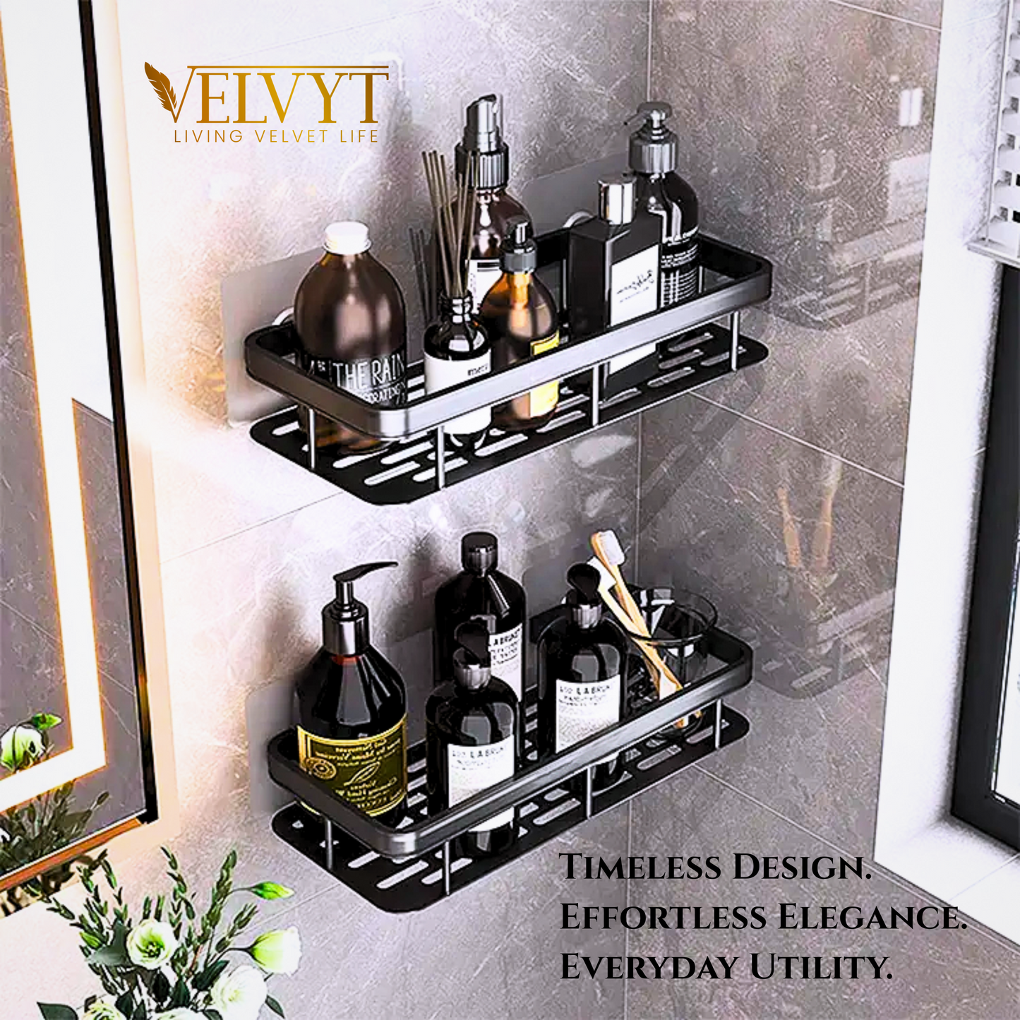 VELVYT Aluminium Bathroom Shelves, Bathroom Organiser Without Drill, Self-Adhesive Multipurpose Wall Mounted Bathroom Shelf & Kitchen Organizer, Bathroom Rack (Pack of 2)