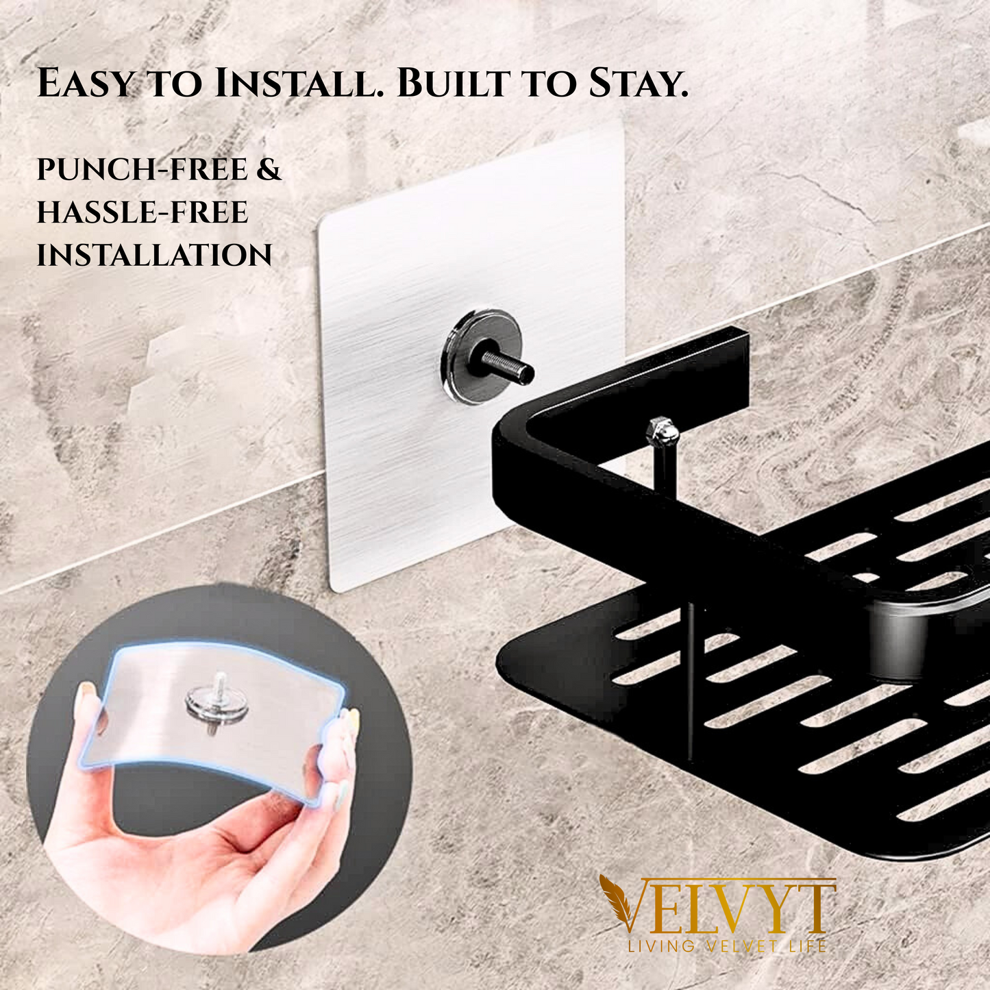 VELVYT Aluminium Bathroom Shelves, Bathroom Organiser Without Drill, Self-Adhesive Multipurpose Wall Mounted Bathroom Shelf & Kitchen Organizer, Bathroom Rack (Pack of 2)