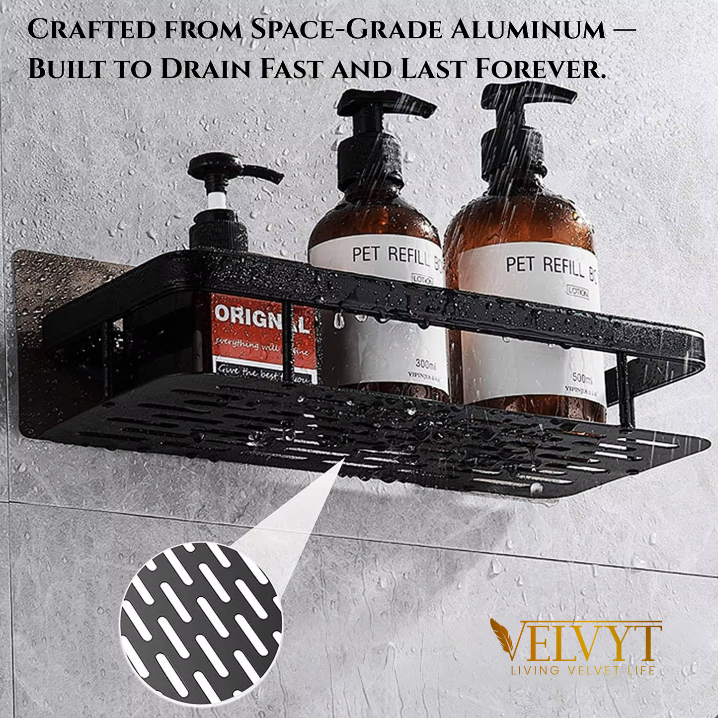 VELVYT Aluminium Bathroom Shelves, Bathroom Organiser Without Drill, Self-Adhesive Multipurpose Wall Mounted Bathroom Shelf & Kitchen Organizer, Bathroom Rack (Pack of 2)