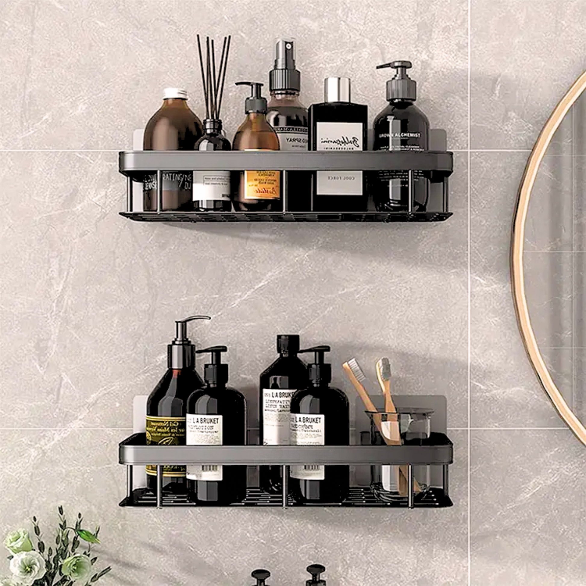 VELVYT Bathroom shelves with various bottles and toiletries against a tiled wall.