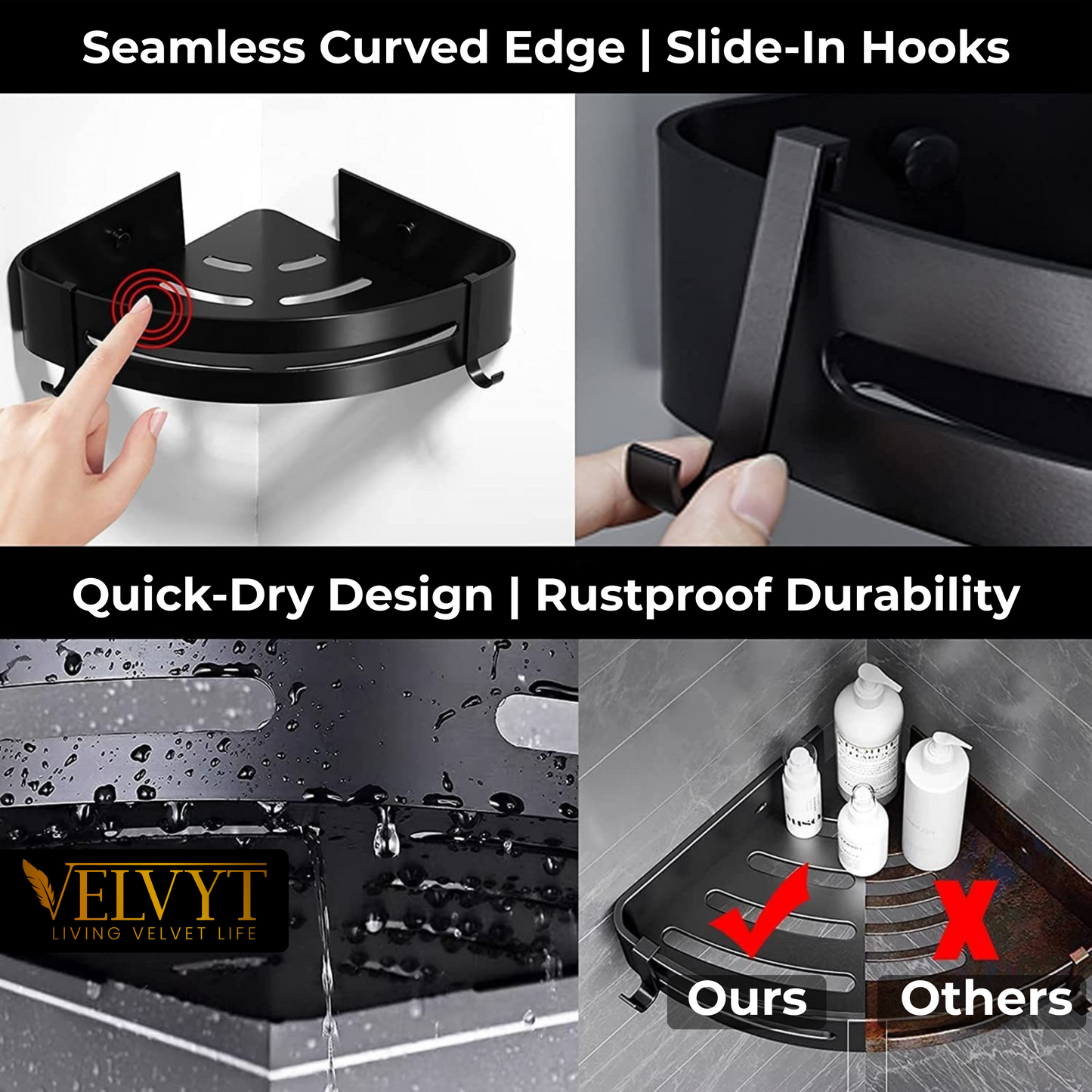 VELVYT Aluminium Bathroom Shelves,Bathroom Organiser Without Drill,Self-Adhesive Multipurpose Wall Mounted Bathroom Shelf & Kitchen Organizer, Bathroom Rack (Pack of 2)