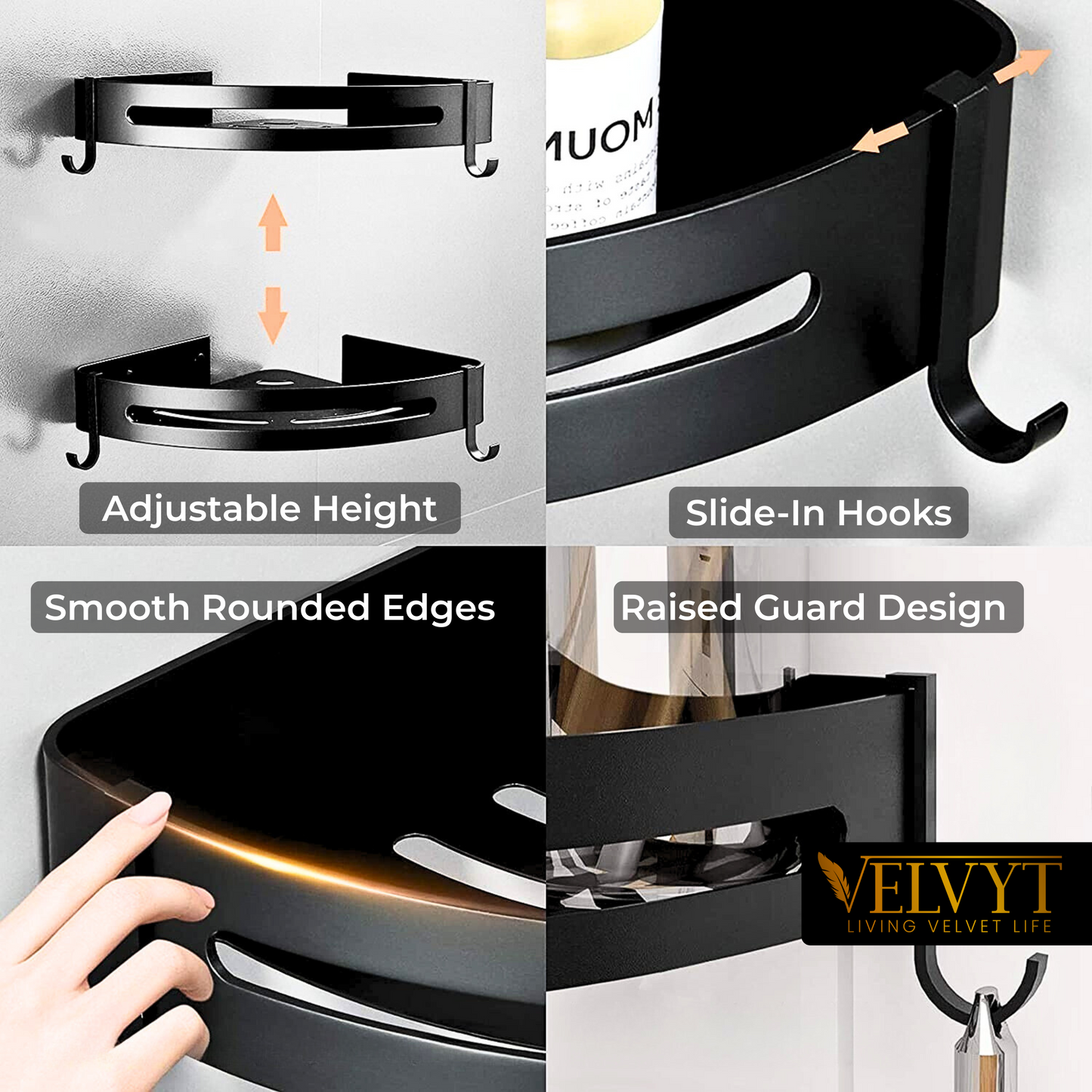 VELVYT Aluminium Bathroom Shelves,Bathroom Organiser Without Drill,Self-Adhesive Multipurpose Wall Mounted Bathroom Shelf & Kitchen Organizer, Bathroom Rack (Pack of 2)