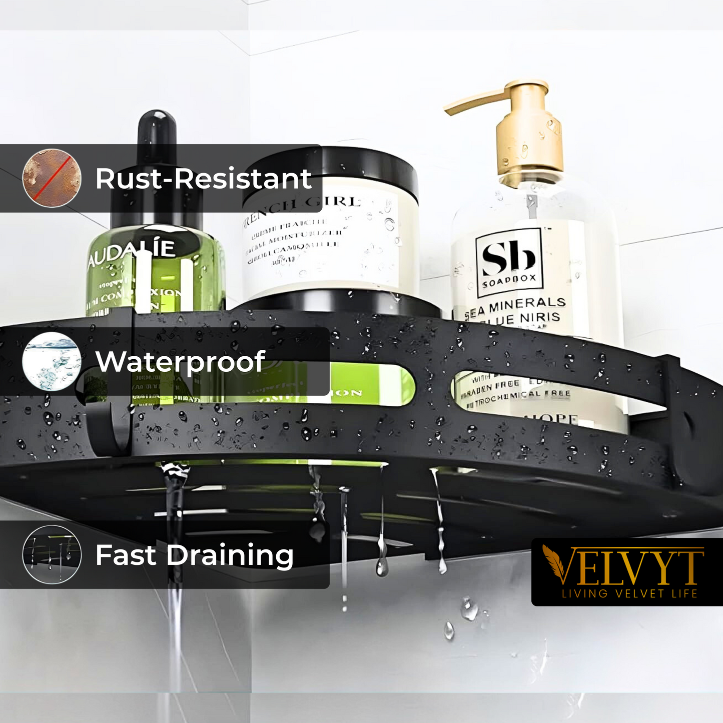 VELVYT Aluminium Bathroom Shelves,Bathroom Organiser Without Drill,Self-Adhesive Multipurpose Wall Mounted Bathroom Shelf & Kitchen Organizer, Bathroom Rack (Pack of 2)