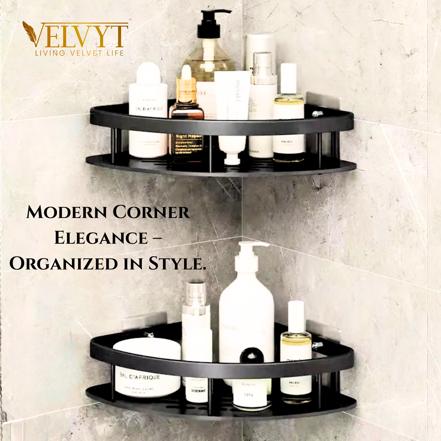 VELVYT Aluminium Corner Shelf for Bathroom, Corner Stand and Rack Without Drilling, Self-Adhesive Wall Mounted Bathroom Shelf & Kitchen Organizer(Pack of 2)