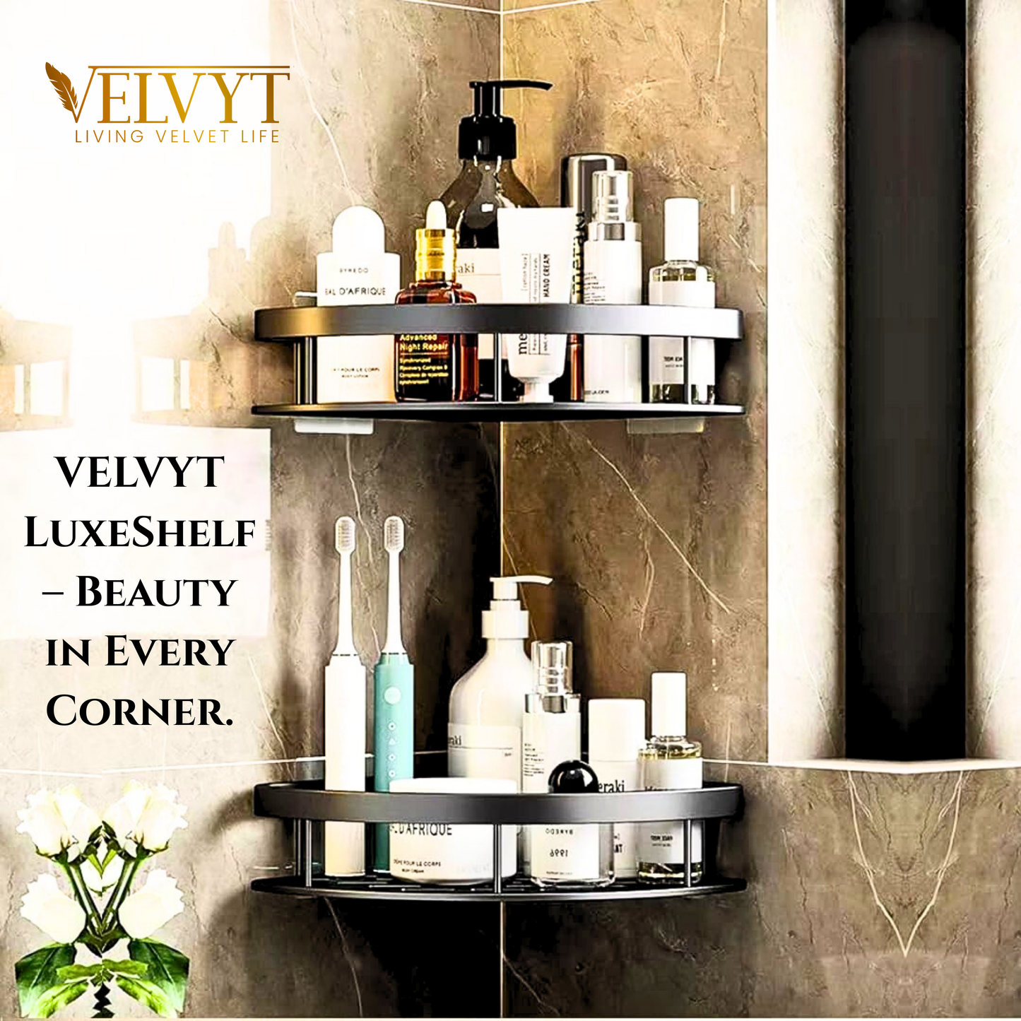 VELVYT Aluminium Corner Shelf for Bathroom, Corner Stand and Rack Without Drilling, Self-Adhesive Wall Mounted Bathroom Shelf & Kitchen Organizer(Pack of 2)