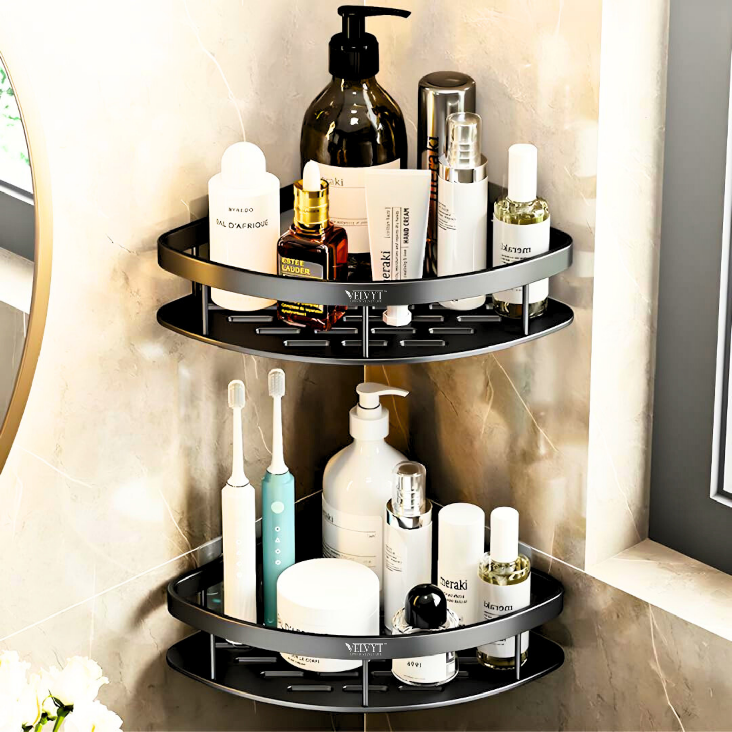 VELVYT Aluminium Corner Shelf for Bathroom, Corner Stand and Rack Without Drilling, Self-Adhesive Wall Mounted Bathroom Shelf & Kitchen Organizer(Pack of 2)