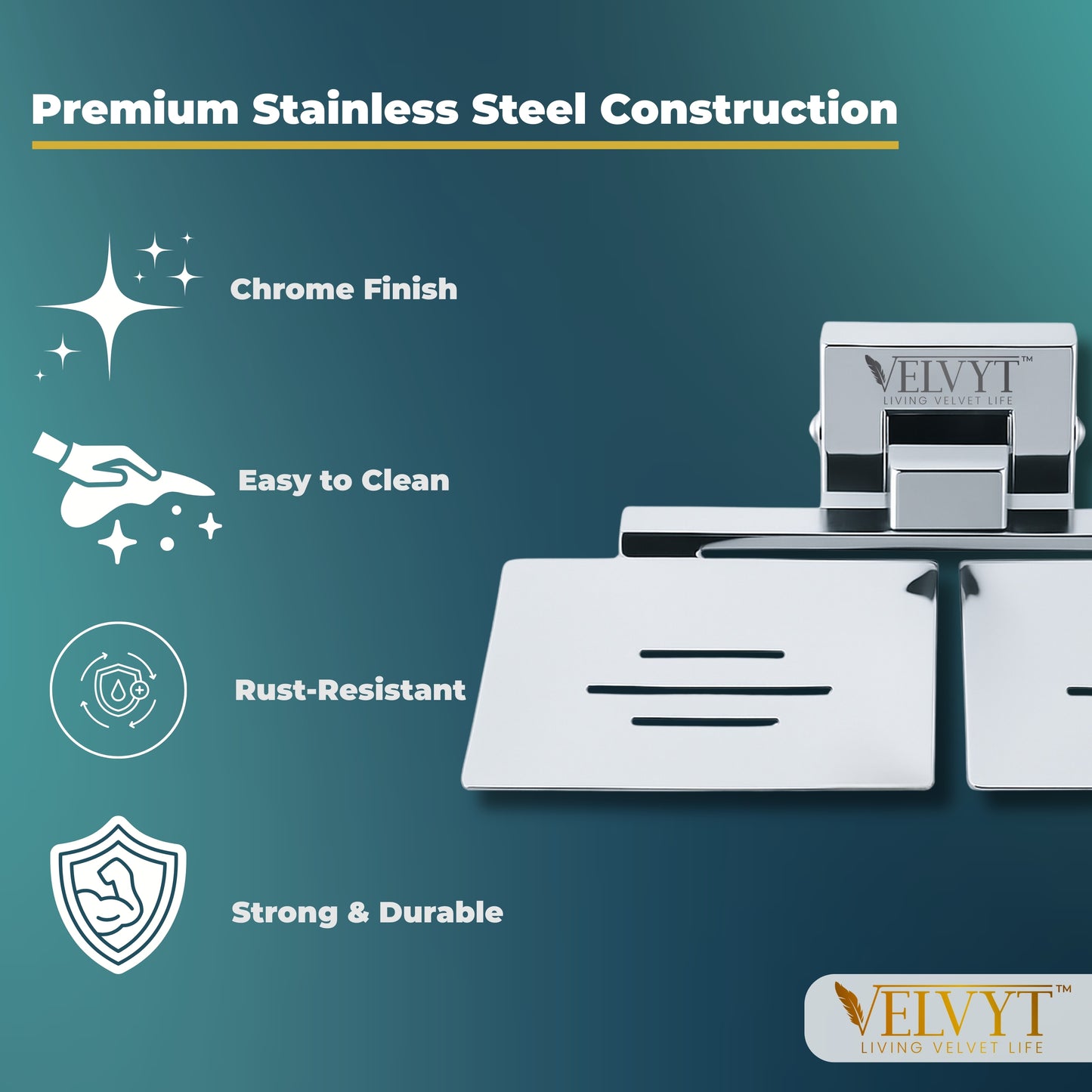 VELVYT Premium Stainless Steel Dual Soap Stand for Bathroom | Wall Mounted Soap Holder for Bathroom | Rust Resistant Double Soap Dish Holder | Modern Bathroom Fitting – Chrome Finish