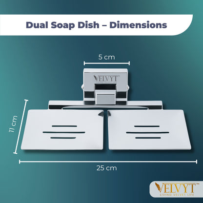 VELVYT Premium Stainless Steel Dual Soap Stand for Bathroom | Wall Mounted Soap Holder for Bathroom | Rust Resistant Double Soap Dish Holder | Modern Bathroom Fitting – Chrome Finish