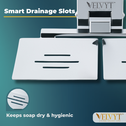 VELVYT Premium Stainless Steel Dual Soap Stand for Bathroom | Wall Mounted Soap Holder for Bathroom | Rust Resistant Double Soap Dish Holder | Modern Bathroom Fitting – Chrome Finish