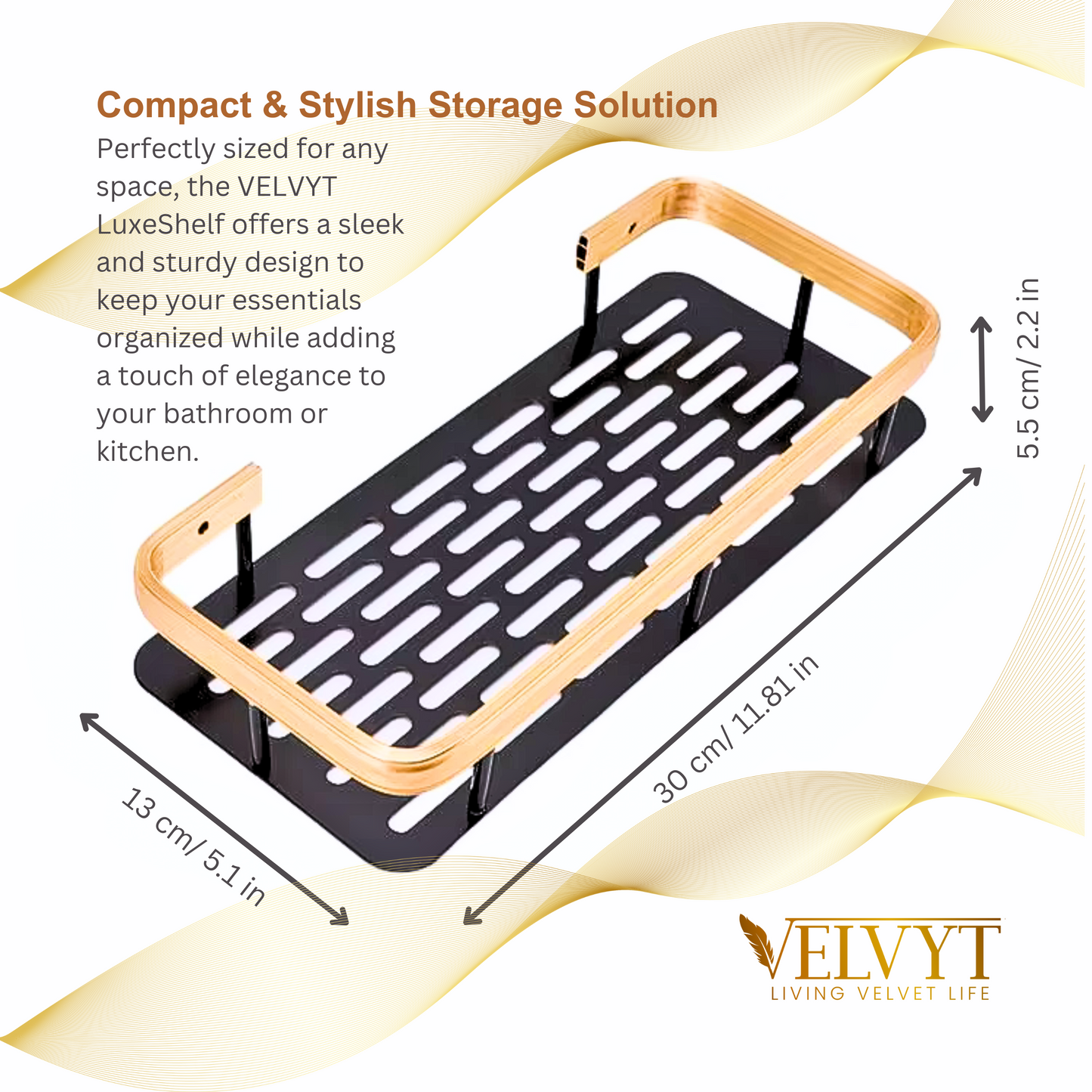 VELVYT Aluminium Bathroom Shelves, Bathroom Organiser Without Drill, Self-Adhesive Multipurpose Wall Mounted Bathroom Shelf & Kitchen Organizer, Bathroom Rack (Pack of 2)