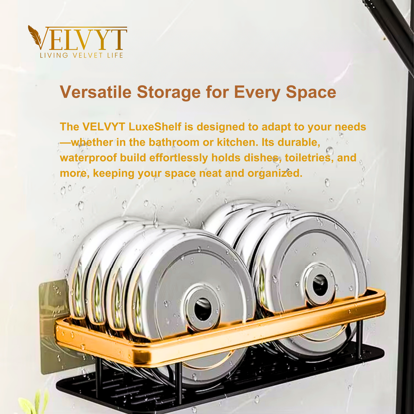 VELVYT Aluminium Bathroom Shelves, Bathroom Organiser Without Drill, Self-Adhesive Multipurpose Wall Mounted Bathroom Shelf & Kitchen Organizer, Bathroom Rack (Pack of 2)