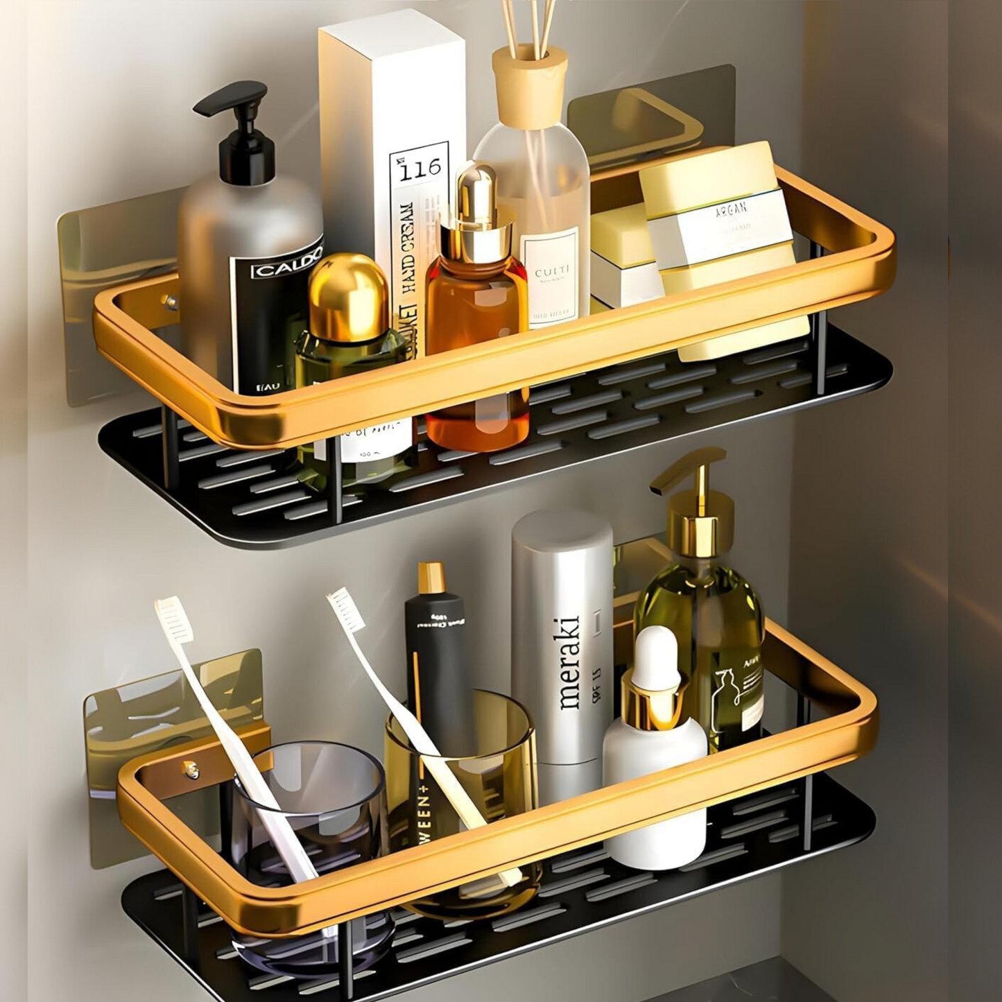 VELVYT Aluminium Bathroom Shelves, Bathroom Organiser Without Drill, Self-Adhesive Multipurpose Wall Mounted Bathroom Shelf & Kitchen Organizer, Bathroom Rack (Pack of 2)