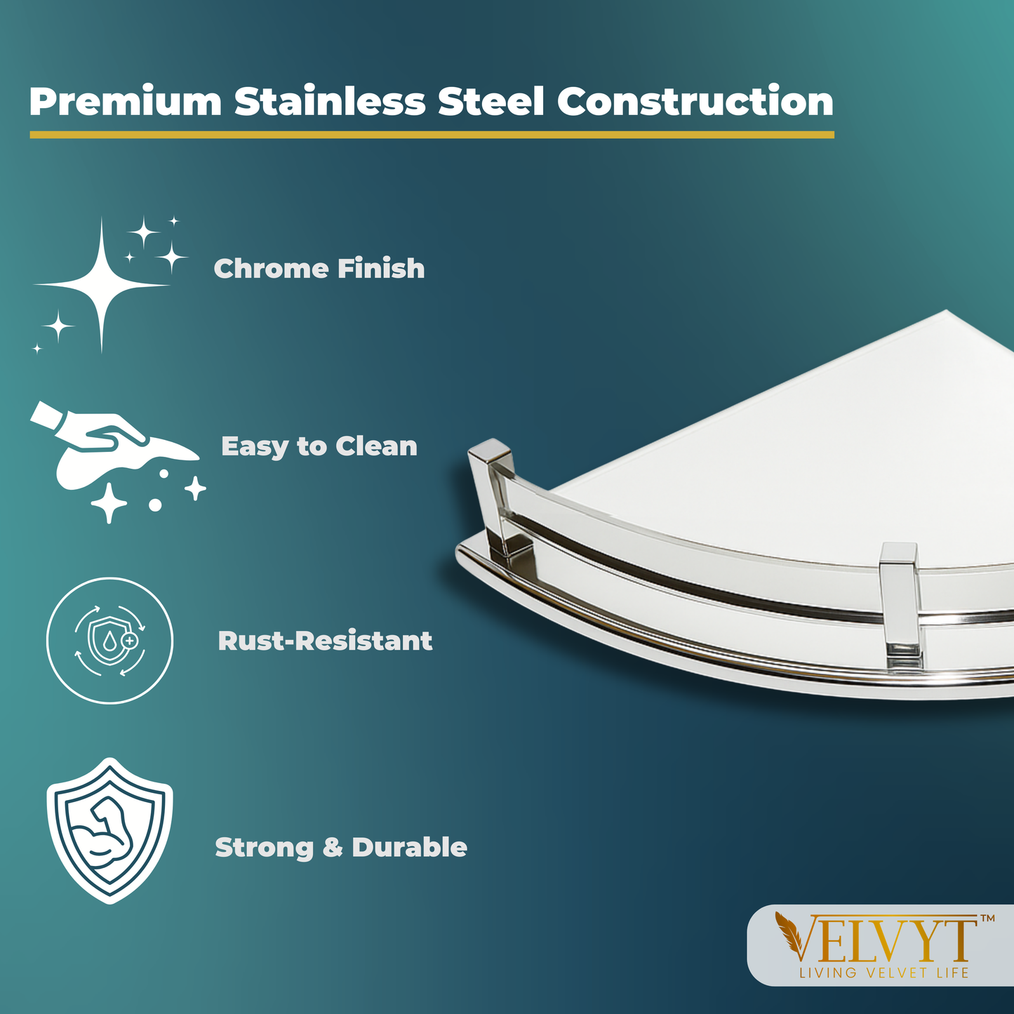 VELVYT Premium Stainless Steel Round Wall Shelf | Wall Mounted Shelves for Washroom | Organizer for Toiletries | Rust Resistant Corner Shelf | Chrome Finish Space Saving Stand