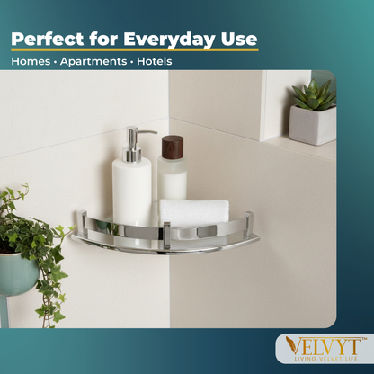 VELVYT Premium Stainless Steel Round Wall Shelf | Wall Mounted Shelves for Washroom | Organizer for Toiletries | Rust Resistant Corner Shelf | Chrome Finish Space Saving Stand