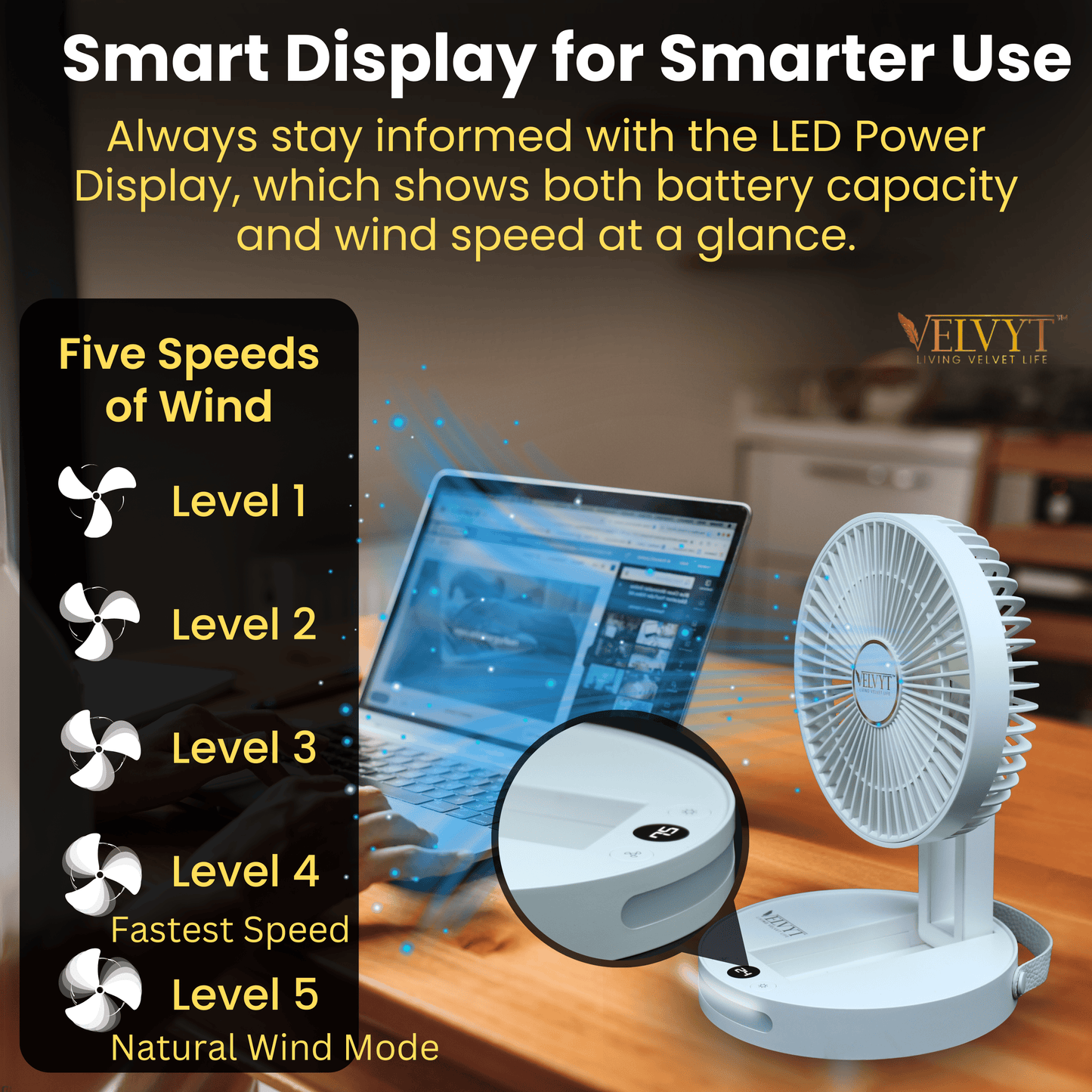 VELVYT BreezoWrap 6.3 Inch Portable Rechargeable Desk Fan | Compact Foldable Fits In Any Bag | 4+1 Speed Control | LED Power Display & Night Light |BLDC Silent Fan |Mini Fan for Home & Travel