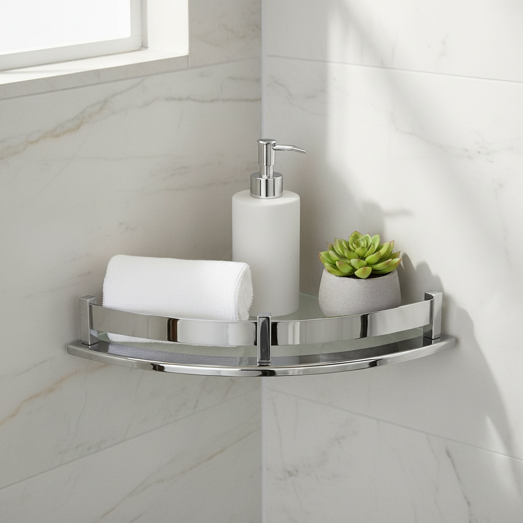 VELVYT Premium Stainless Steel Round Wall Shelf | Wall Mounted Shelves for Washroom | Organizer for Toiletries | Rust Resistant Corner Shelf | Chrome Finish Space Saving Stand