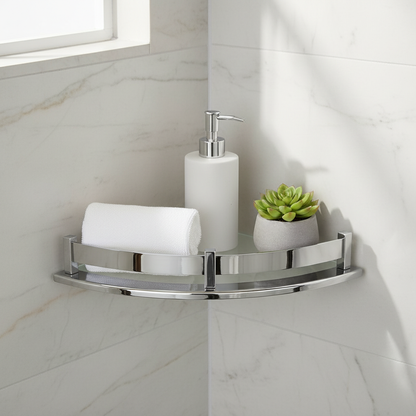 VELVYT Premium Stainless Steel Round Wall Shelf | Wall Mounted Shelves for Washroom | Organizer for Toiletries | Rust Resistant Corner Shelf | Chrome Finish Space Saving Stand