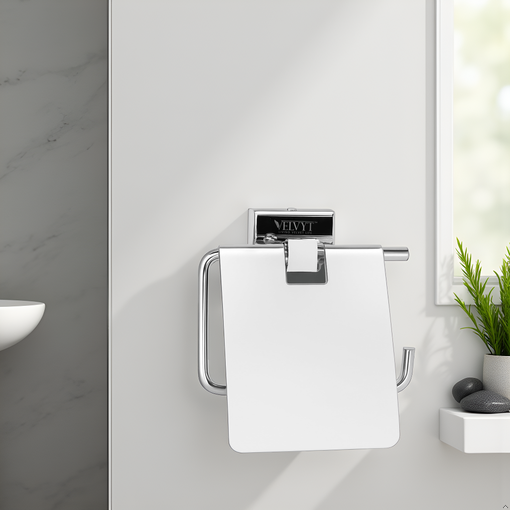 VELVYT Premium Stainless Steel Toilet Paper Stand for Bathroom | Rust Resistant Tissue Dispenser | Wall Mounted Toilet Paper Holder | Chrome Finish Bathroom Accessory